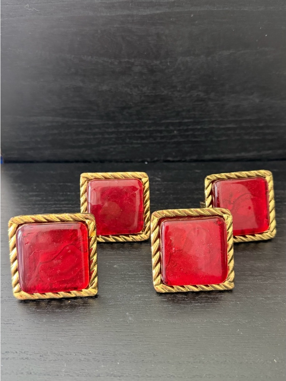 Gold-Tone Square Red Glass set of 4 napkin rings